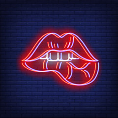 Aufkleber - Woman lips biting neon sign with chromatic aberration effect