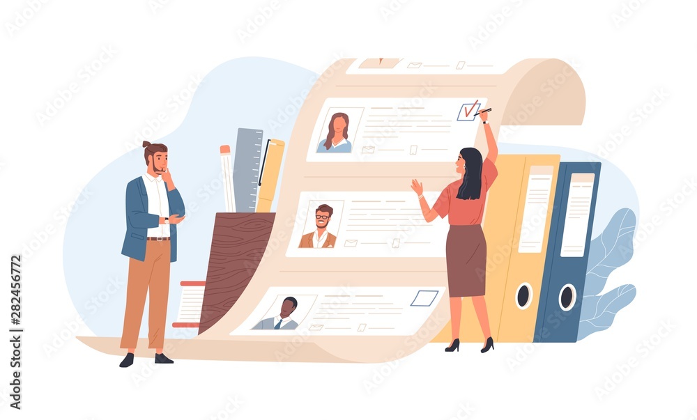 Man and woman office workers standing in front of list of job applicants. Concept of choice of worker or personnel, staff recruitment or employee hiring. Flat cartoon colorful vector illustration. - obrazy, fototapety, plakaty 