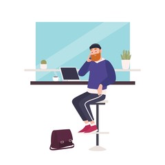 Aufkleber - Cute smiling bearded man sitting at cafe, working on laptop computer and talking on mobile phone. Happy freelance worker at coffee shop. Busy guy. Flat modern cartoon colorful vector illustration.