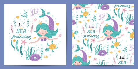 Wall Mural - Set of seamless pattern and card with cute mermaid