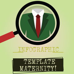Fototapete - Writing note showing Infographic Template Maternity. Business photo showcasing Motherhood elements, material and guidelines Magnifying Glass Enlarging a Tuxedo and Label Tag Below