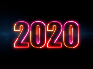 Wall Mural - 2020 new year - colorful glowing outline numbers on blue lens flare dark background
