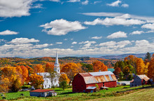 Congregational Church And Farm With Red Barn At Sunny Autumn Day In Peacham, Vermont, USA