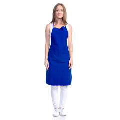 Woman in blue apron smile on white background isolation