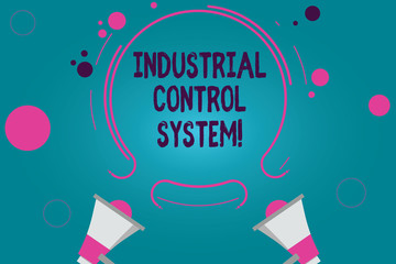 Poster - Conceptual hand writing showing Industrial Control System. Business photo text integration of hardware and software with network Two Megaphone and Circular Outline with Small on Color Background