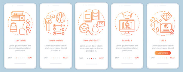 Education motivation onboarding mobile app page screen with linear concepts. Way to success. Careerist, yuppie, workaholic. Steps graphic instructions. UX, UI, GUI vector template with illustrations