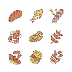 Sticker - Restaurant menu color icons set. Fast food, italian and mediterranean cuisine. Pizza, lobster, steak, burger, sushi, sausages, chicken legs. Isolated vector illustrations