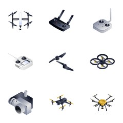 Poster - Drone equipment icon set. Isometric set of 9 drone equipment vector icons for web design isolated on white background
