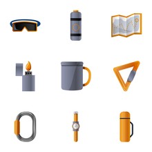Alpinism Tool Icon Set. Cartoon Set Of 9 Alpinism Tool Vector Icons For Web Design Isolated On White Background