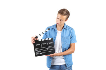 Sticker - Young man with clapper board isolated on white background