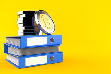 Poster - Bitcoins on stack of ring binders