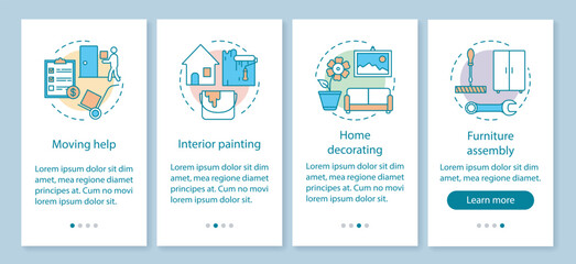 Home services onboarding mobile app page screen with linear concepts. Interior painting. Home decorating. Four walkthrough steps graphic instructions. UX, UI, GUI vector template with illustrations