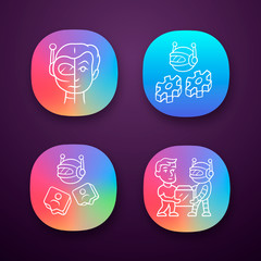 Sticker - Software bot app icons set. Socialbot, transactional, impersonator robot. Software program. Artificial intelligence, AI. UI/UX user interface. Web or mobile applications. Vector isolated illustrations