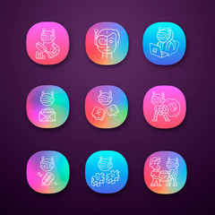 Sticker - Internet bots app icons set. Hacker, spam, impersonator, monitoring, work, scraper robots. Artificial intelligence. UI/UX user interface. Web or mobile applications. Vector isolated illustrations