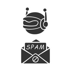 Wall Mural - Spambot glyph icon. Virus advertisements. Spam bot. Malicious phishing sites. Spam advertising software sending. Internet spammer. Silhouette symbol. Negative space. Vector isolated illustration