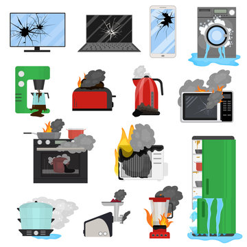 Cartoon Color Broken Appliance Icon Set. Vector