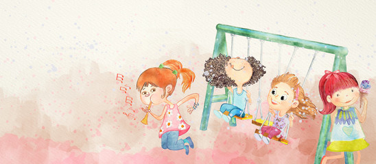 Happy girls watercolor background.