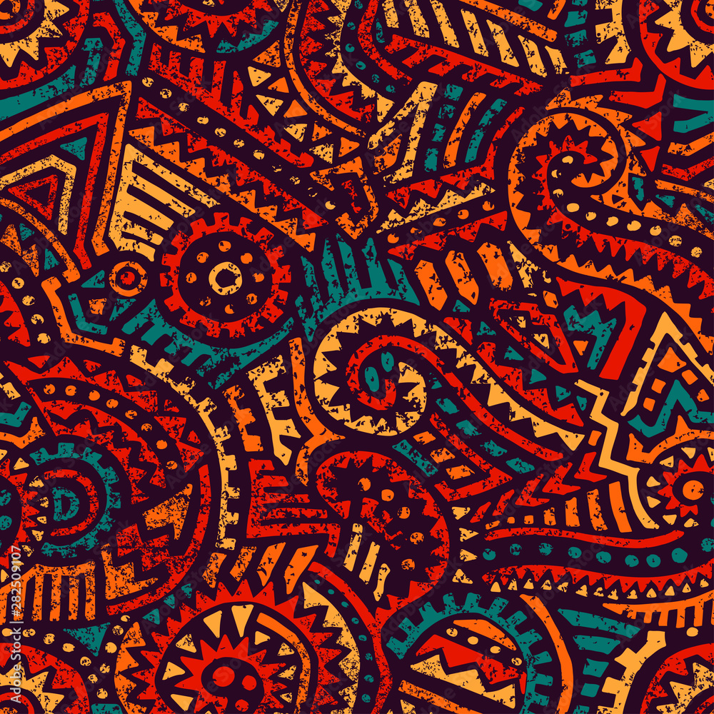 Seamless african pattern. Ethnic and tribal motifs. Orange, red, yellow, blue and black colors. Grunge texture. Vintage print for textiles. Bohemian hand-drawn ornament. Vector illustration. - obrazy, fototapety, plakaty 