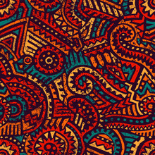 Seamless African Pattern. Ethnic And Tribal Motifs. Orange, Red, Yellow, Blue And Black Colors. Grunge Texture. Vintage Print For Textiles. Bohemian Hand-drawn Ornament. Vector Illustration.