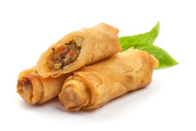 Fried Chinese Traditional Spring Rolls With Sweet Chili Sauce, Isolated On White Background