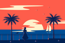 Sunset Summer Tropical Beach With Palm Trees And Sea. Nature Landscape And Seascape. Girl On The Promenade.