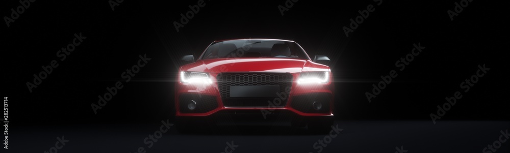 Front view of red sports car with lights on. - obrazy, fototapety, plakaty 