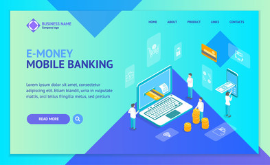 Poster - Mobile Bank Payment Technology Concept Landing Web Page Template 3d Isometric View. Vector