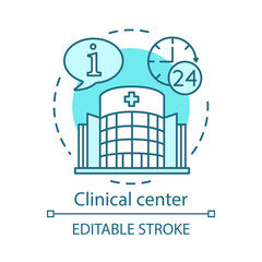 Wall Mural - Clinical center concept icon. Medicine and healthcare idea thin line illustration. Hospital information system. Patient care and aid. 24 hours working. Vector isolated outline drawing. Editable stroke