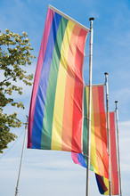 Rainbow Pride Flags On Flagpoles Against Blue Sky. LGBT Pride Parade. Pride Parades Outdoor Events Celebrating Lesbian Gay Bisexual Transgender Social Acceptance. Gay Pride Concept. Legal Rights