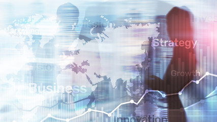 Wall Mural - Business abstract background double exposure graph, chart and diagram. World wide map and. Global business and financial trading concept.