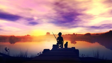 Wall Mural - The boy is fishing in the company of a cat at sunrise