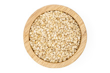 Lot Of Whole Unpeeled Sesame Seeds In Wooden Bowl Flatlay Isolated On White Background