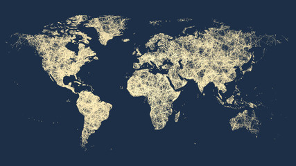 World map drawn with abstract golden lines on a dark blue background