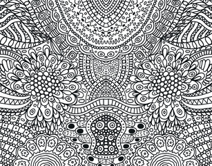 Wall Mural - Cartoonish hippie ornament - coloring page for adults. Black and white doodle background. Vector illustration