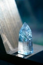 Quartz Crystal For Spiritual Healing Intention Manifestation. Home Altar With Wood Pyramid Shelf. 