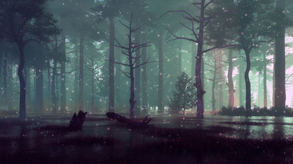 Wall Mural - fairy firefly lights on forest swamp at dark night