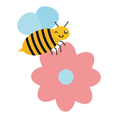 Sticker - flowers garden with little bee flying kawaii character