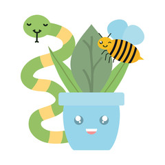 Poster - house plant in ceramic pot with snake and bee kawaii style