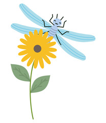 Sticker - flowers garden with little dragon fly kawaii character