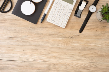 Poster - top view office stationery on wooden table with copy space.student stuff on desk.education concept