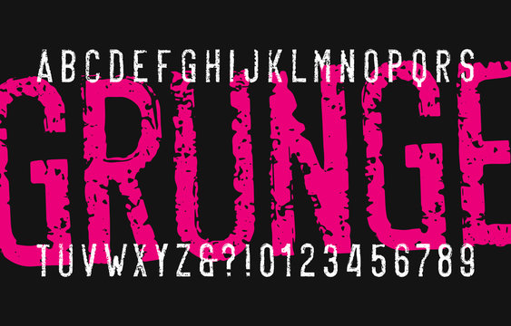 Grunge alphabet font. Distressed messy letters and numbers. Vector typescript for your typography design.