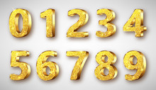 Golden Metal Unique Numbers Set With Sparkles, Realistic Vector Illustration. Glossy Or Shining Gold Metal Symbols Or Signs From 0 To 9, Isolated On White Background