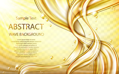 Poster - Yellow golden flowing liquid vector abstract wavy background, oil texture with flying drops. Streams of oil, honey or fluid with light element. Template for cosmetic, sale banner or flyer.