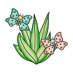 Poster - leafs plants garden with butterflies kawaii characters