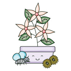 Poster - garden flowers plant in pot with insects flying kawaii style