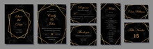 Elegant Invitations Set With Golden Geometric Frames And Black Marble Texture.