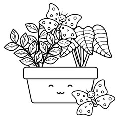 Poster - house plant in ceramic pot with butterflies kawaii style