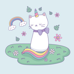 Poster - cute cat with rainbow tail in the camp kawaii character