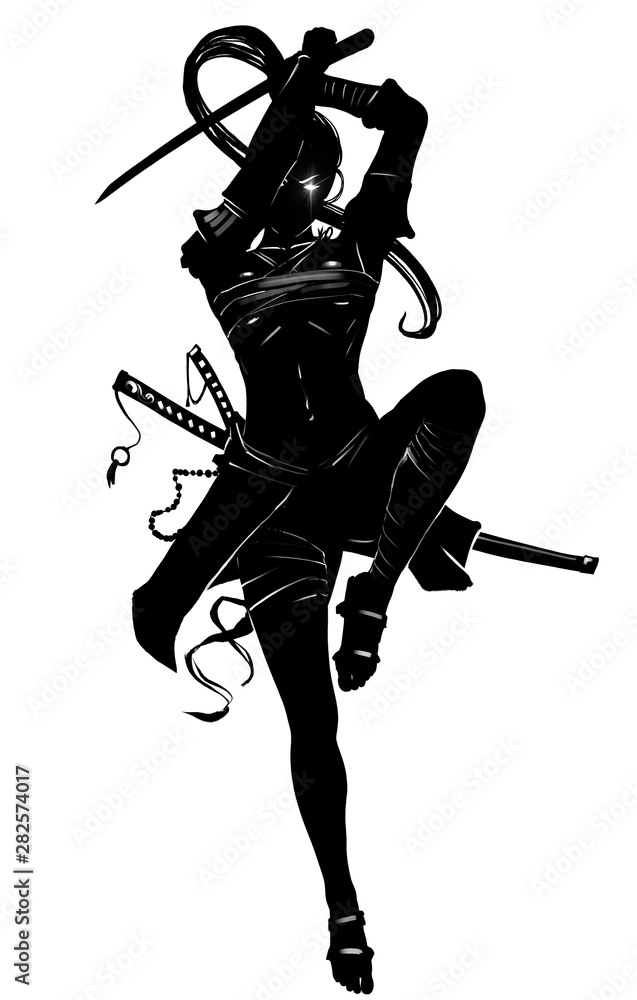 Silhouette Of A Samurai Girl Who Attacks In A Jump With A Katana In Her Hands 2d Illustration Wall Mural Warmtail Silhouette Of A Samurai Girl Who Attacks In A Jump With A Katana In Her Hands 2d Illustration Wall Mural Warmtail