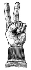 Sticker - A hand in a peace or v for victory sign. Iin a vintage antique engraving woodblock or woodcut style.